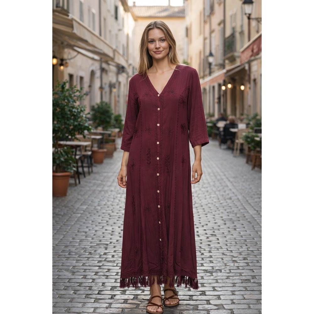 Arvanti 90s Burgundy Embroidered Rayon Maxi‎ Dress Fringe Hem Boho Artsy Size M